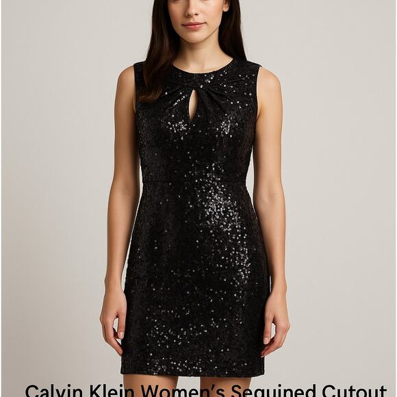 Calvin Klein Black Sequin Cutout Sleeve Dress Size 12P Petite – NWT - Picture 1 of 9